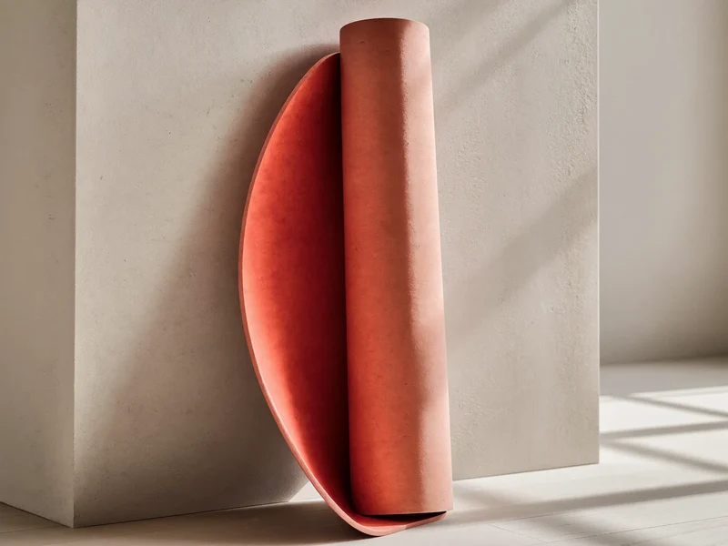 Oprullet terracottafarvet naturgummimåtte lænet mod en pudset væg
